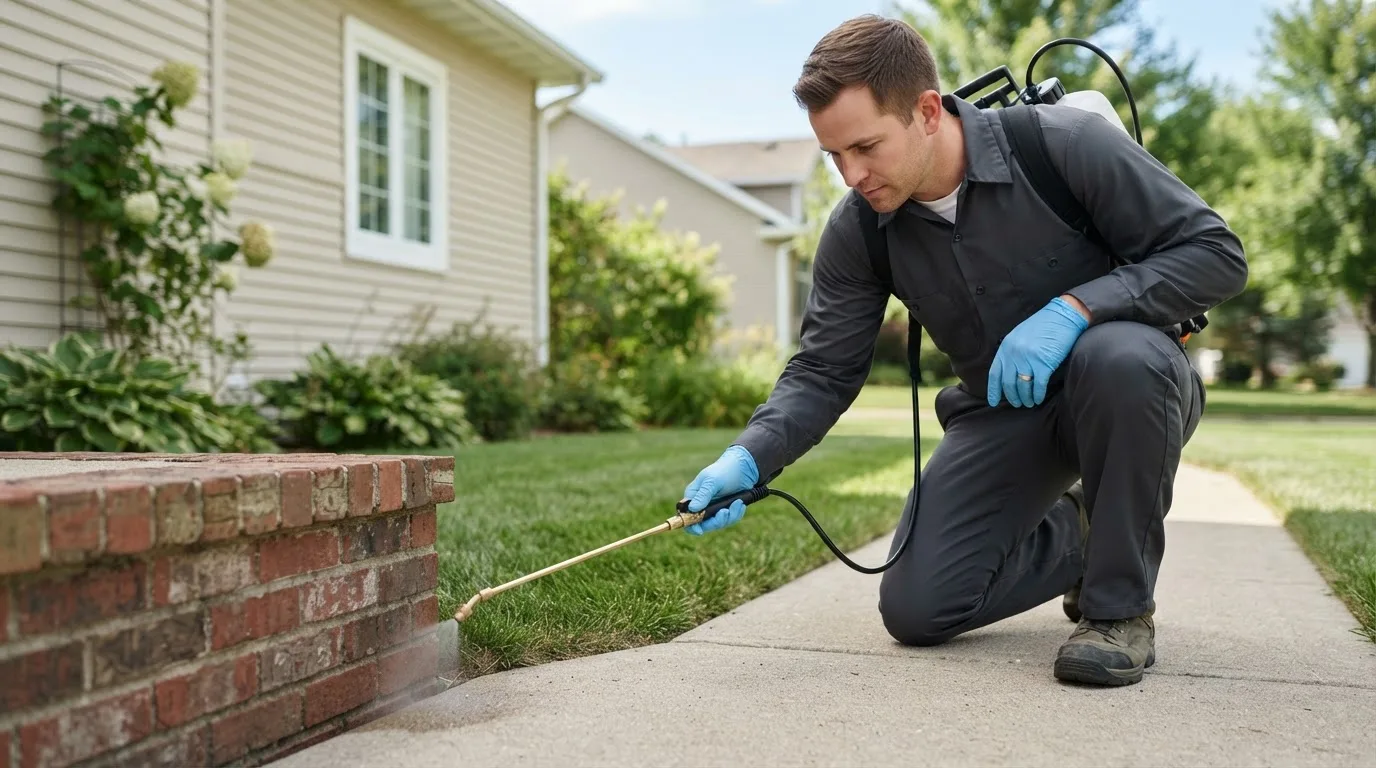 Pest control technician treating a home near Donaldson, MN