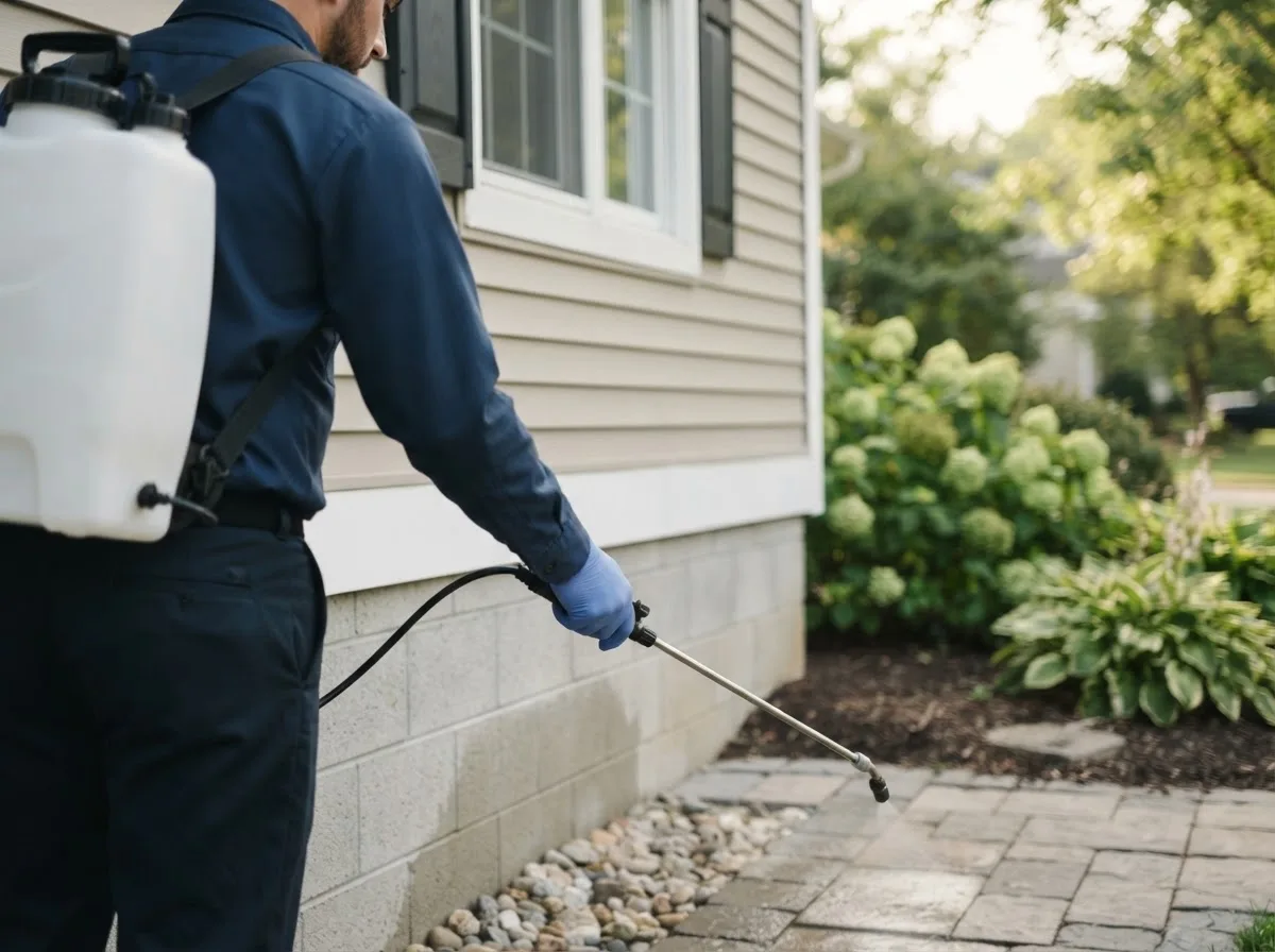 Pest control technician inspecting a home in Donaldson, MN